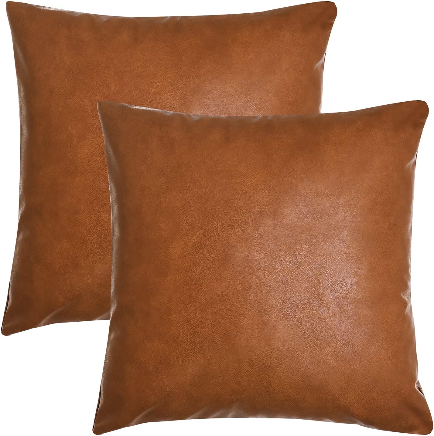 Tosewever Faux Leather Throw Pillow Covers, 18 x 18 inch Set of 2 Luxury Cognac Brown Modern Pillowcases Solid Decorative Square Cushion Ca…