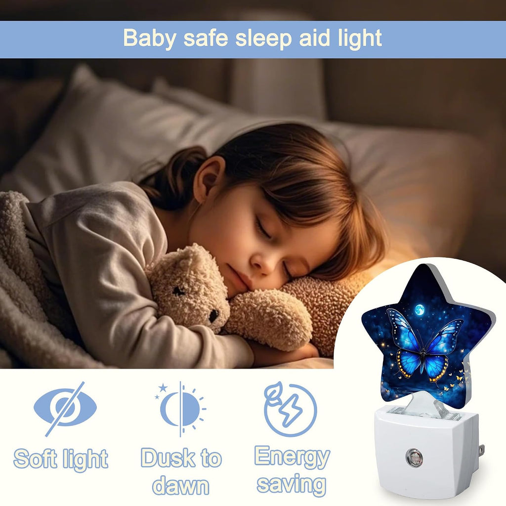Snowmolle Blue Butterfly Moon Dusk to Dawn Star Night Light, Starry Sky Smart Sensor Nightlight for Bedroom Kitchen Hallway Stairs, Plug-in E…