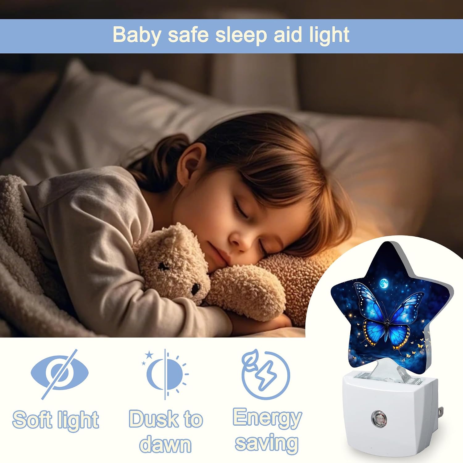 Snowmolle Blue Butterfly Moon Dusk to Dawn Star Night Light, Starry Sky Smart Sensor Nightlight for Bedroom Kitchen Hallway Stairs, Plug-in E…