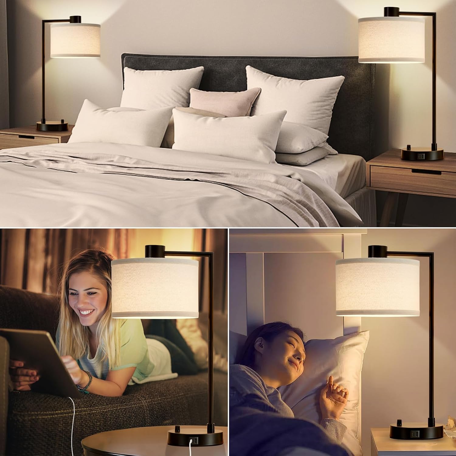 Luvkczc Table Lamp for Bedroom Set of 2 with USB C+A Ports, Fully Stepless Dimmable Bedside Lamp with Linen Lampshade, Contemporary Lamp…
