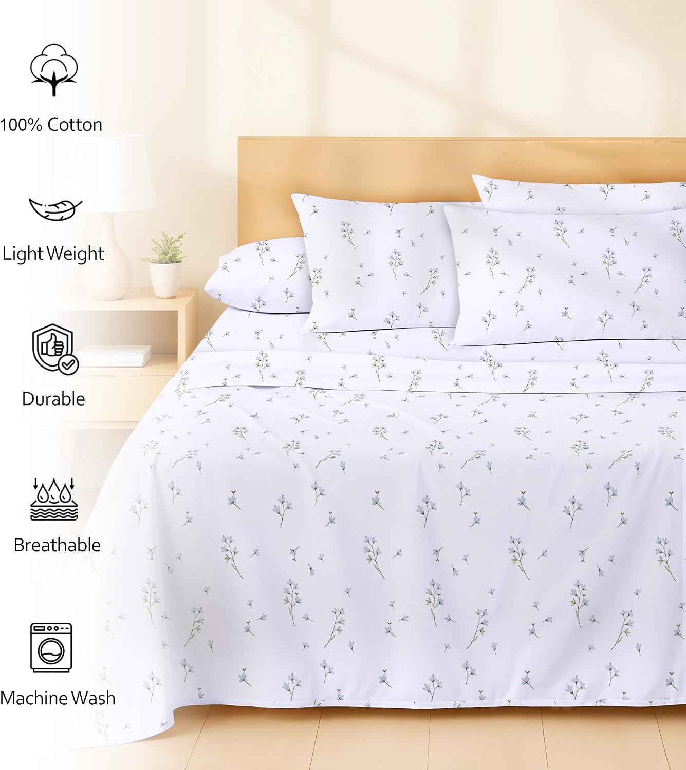 Ruvanti 100% Cotton Percale Sheets Queen Size 6 Piece Set, Cooling Bed Sheets for Hot Sleepers, Deep Pocket 16”, Breathable Lightweight & D…