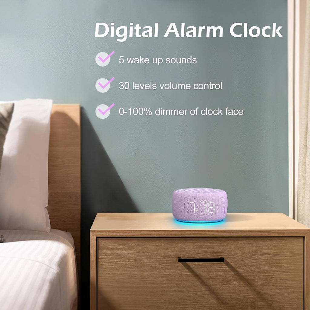 Buffbee Sound Machine & Alarm Clock 2-in-1, 0-100% Clock Face Brightness, Bottom Colored Light, Sleep Timer, Precise 30-Level Volume…