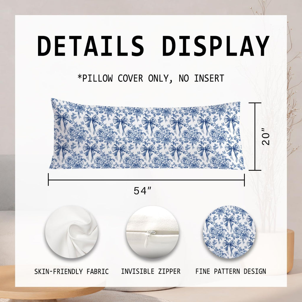 Coquette Blue Bow Chinoiserie Floral Bow 20x54 Body Pillow Cover, Blue and White Home Decor, Grandmillennial Flower Decorative Long Body…