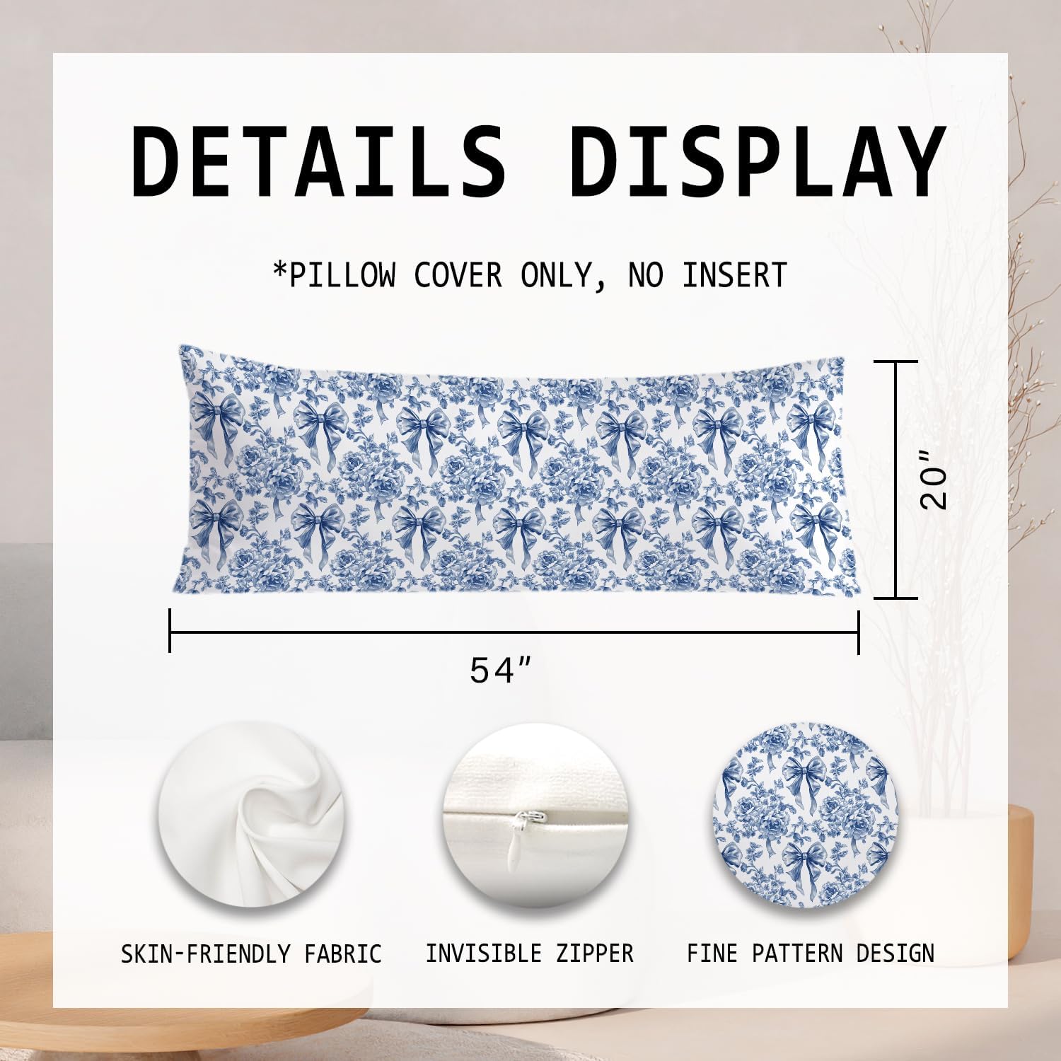Coquette Blue Bow Chinoiserie Floral Bow 20x54 Body Pillow Cover, Blue and White Home Decor, Grandmillennial Flower Decorative Long Body…