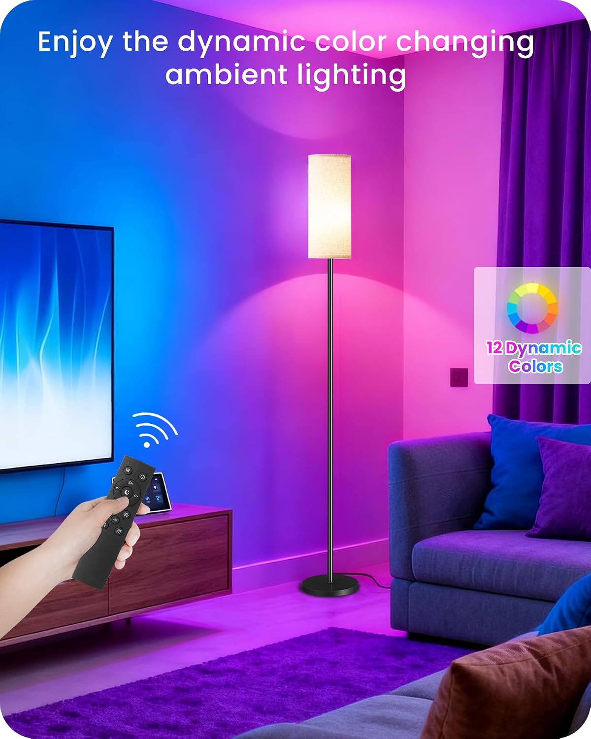 Dimmable Floor Lamp for Living Room with RGB Colors, Color Changing Ambient Lighting, Corner Standing Lamp for Bedroom - Remote, Foot…