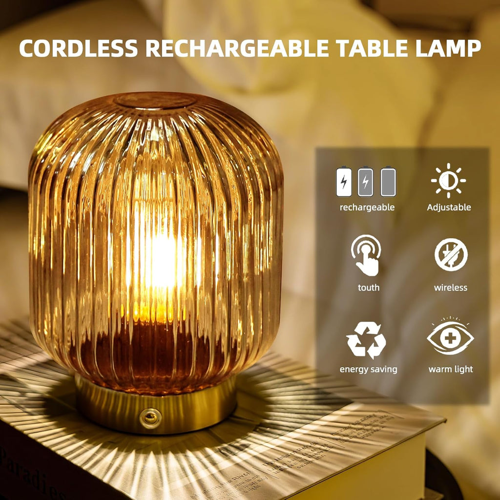 MJ PREMIER Rechargeable Table Lamp, Yellow Glass Lamp with Memory Function, Small Cordless LED Lamp with Dimmable Brightness, Decorative…