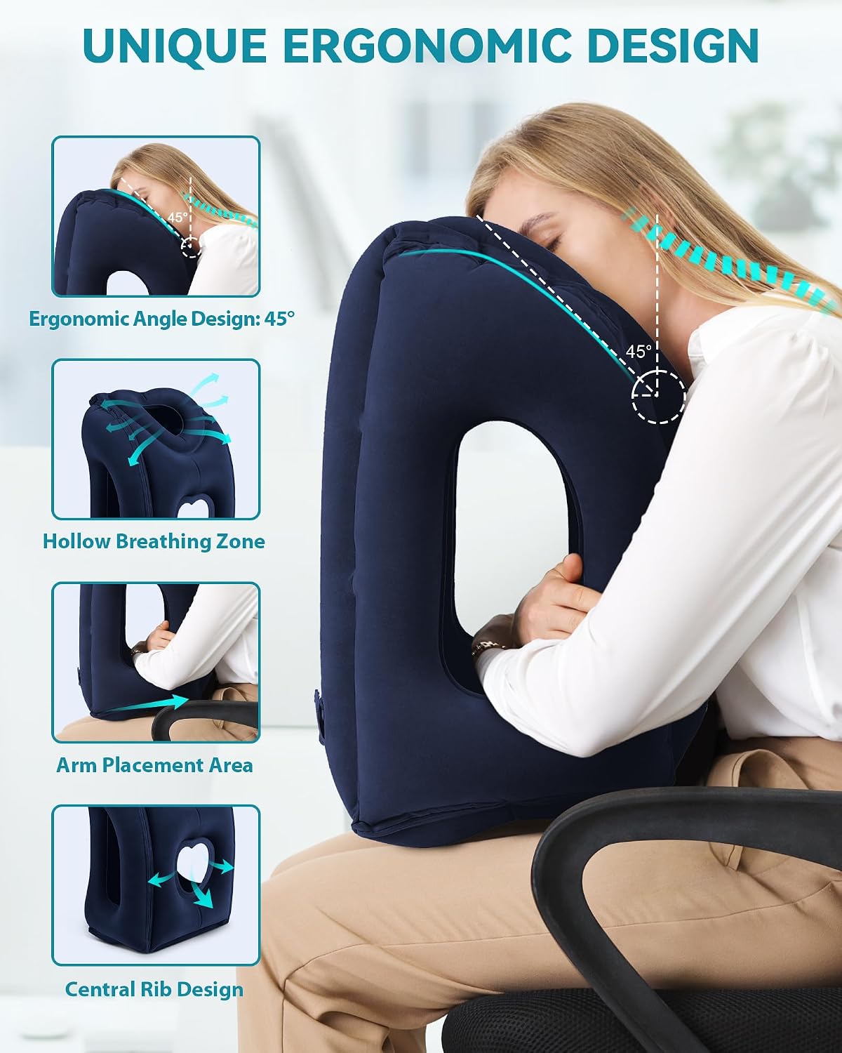 Travel Pillow, Inflatable Airplane Pillow for Sleeping Comfortably Supports Head and Chin for Airplane, Car, Bus and Office