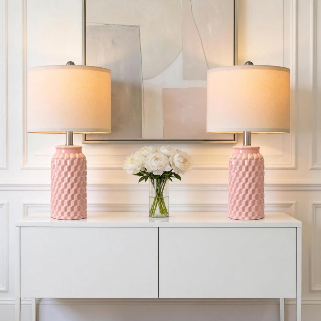 20.5" Small Bedside Lamps Set of 2 with 5FT Cord, Pink Ceramic Modern Farmhouse Table Lamps for Nightstand, Living Room, Bedroom, 3D…