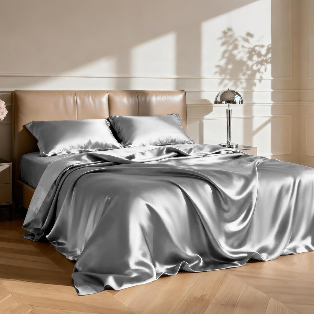 Lovescabin Love's cabin California King Satin Sheet Sets - 4 Piece Dark Grey Silky Sheets Bed Set with Deep Pocket, Luxury Silk Feel Satin…