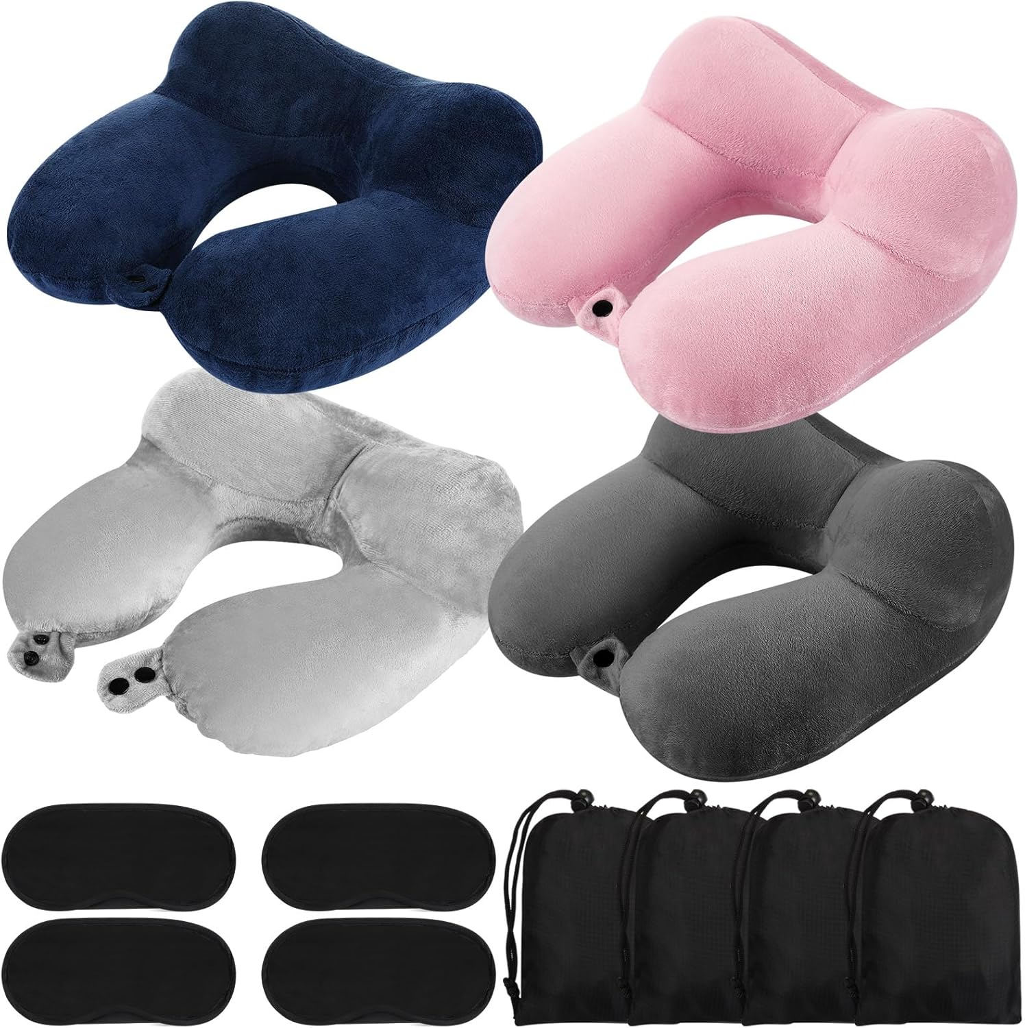 Sintuff 4 Sets Inflatable Travel Pillows for Airplanes with Compact Bag and Blindfold Velvet Inflatable Neck Pillow for Traveling Head…