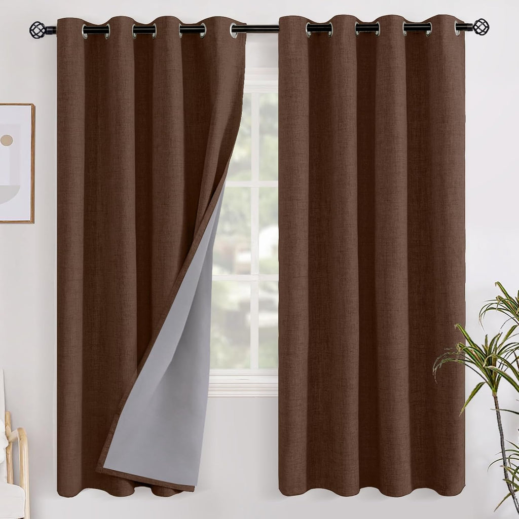 YoungsTex Brown Linen Blackout Curtains 72 Inch Length for Bedroom, Full Light Blocking Window Drapes with Grommet Thermal Insulated for Fa…