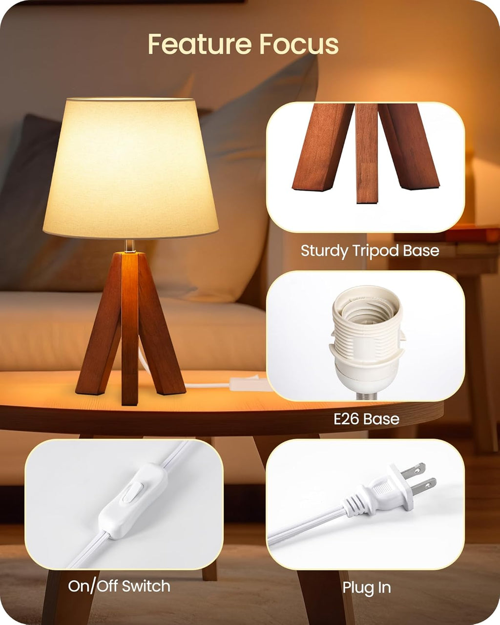 Tripod Table Lamp, Small Bedside Lamp with White Fabric Shade & Dark Wood Base, Modern Nightstand Lamp, Little Cute Desk Lamp for…