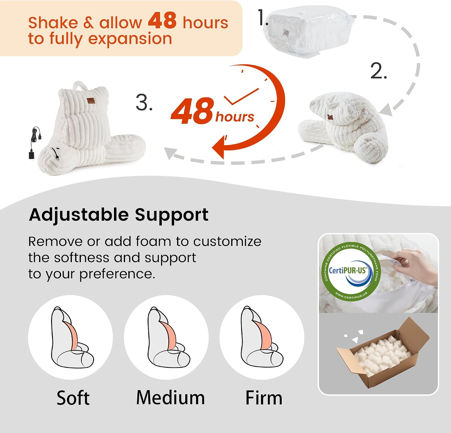 Amélie Home Heated Faux Fur Reading Pillow 3 Temperature Backrest for Sitting in Bed Support Cushion, USB-Powered(No Power Bank Included)…