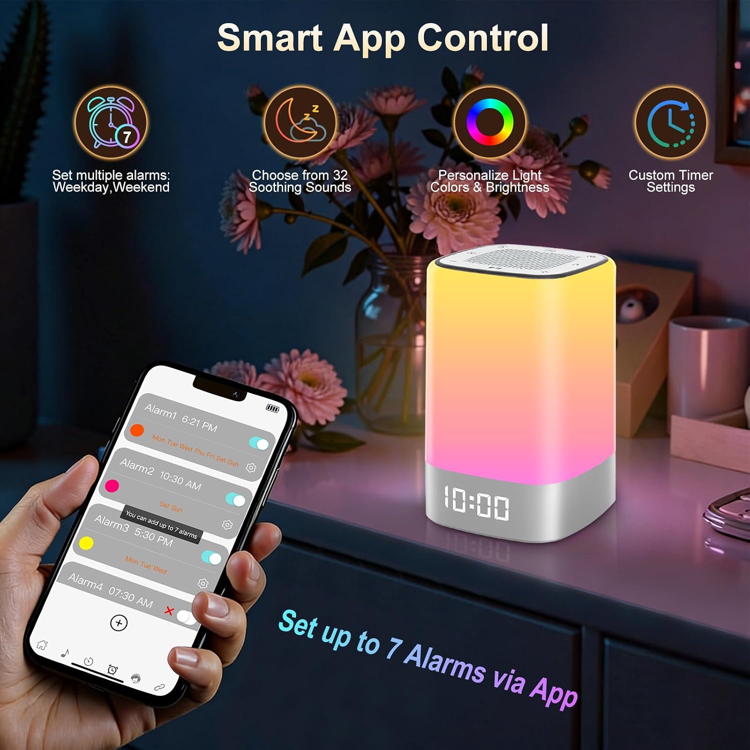 Sound Machine with 32 Soothing Sounds, Alarm Clock, White Noise Machine, Night Light, Bluetooth Speaker, App Control, Timer, Alarm Clock…