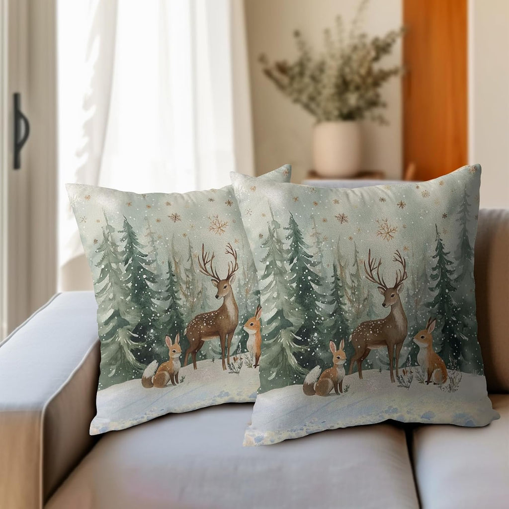 Xmas Reindeer Throw Pillow Cover 20x20 Inch Set of 2 Winter Trees Snowflake Holiday Animals Pillowcase Christma Deer Farmhouse Cushion…