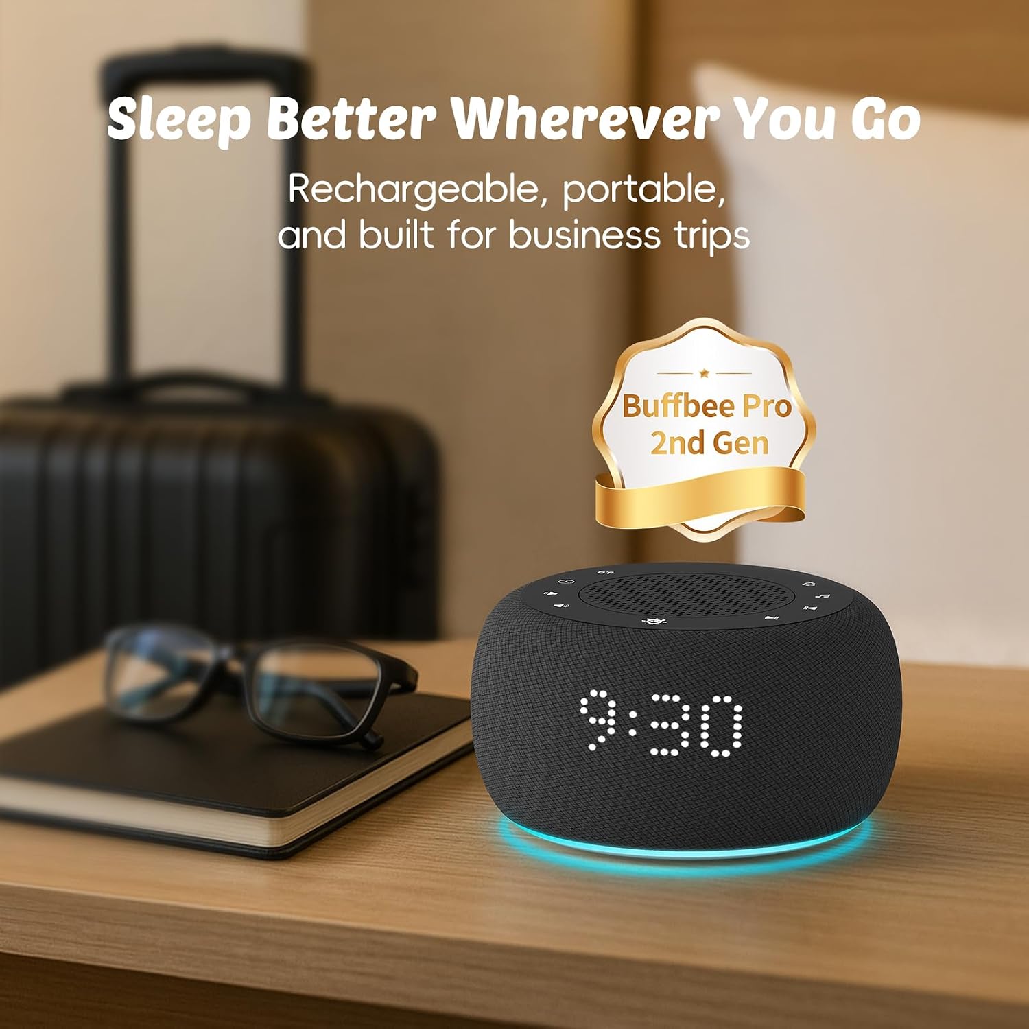 Buffbee Pro 2nd Gen – Upgraded Rechargeable Battery | 3-in-1 White Noise Machine for Sleep, Alarm Clock & Bluetooth Speaker, 25 Sleep…
