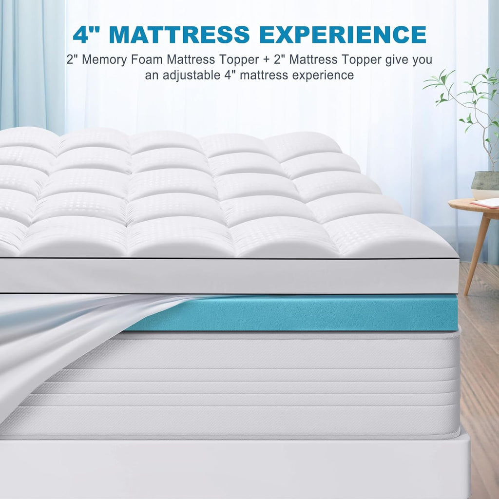 Masvis Twin Size Dual Layer 4 Inch Memory Foam Mattress Topper, 2 Inch Gel Memory Foam and 2 Inch Cooling Pillow Top Mattress Pad Cover for…