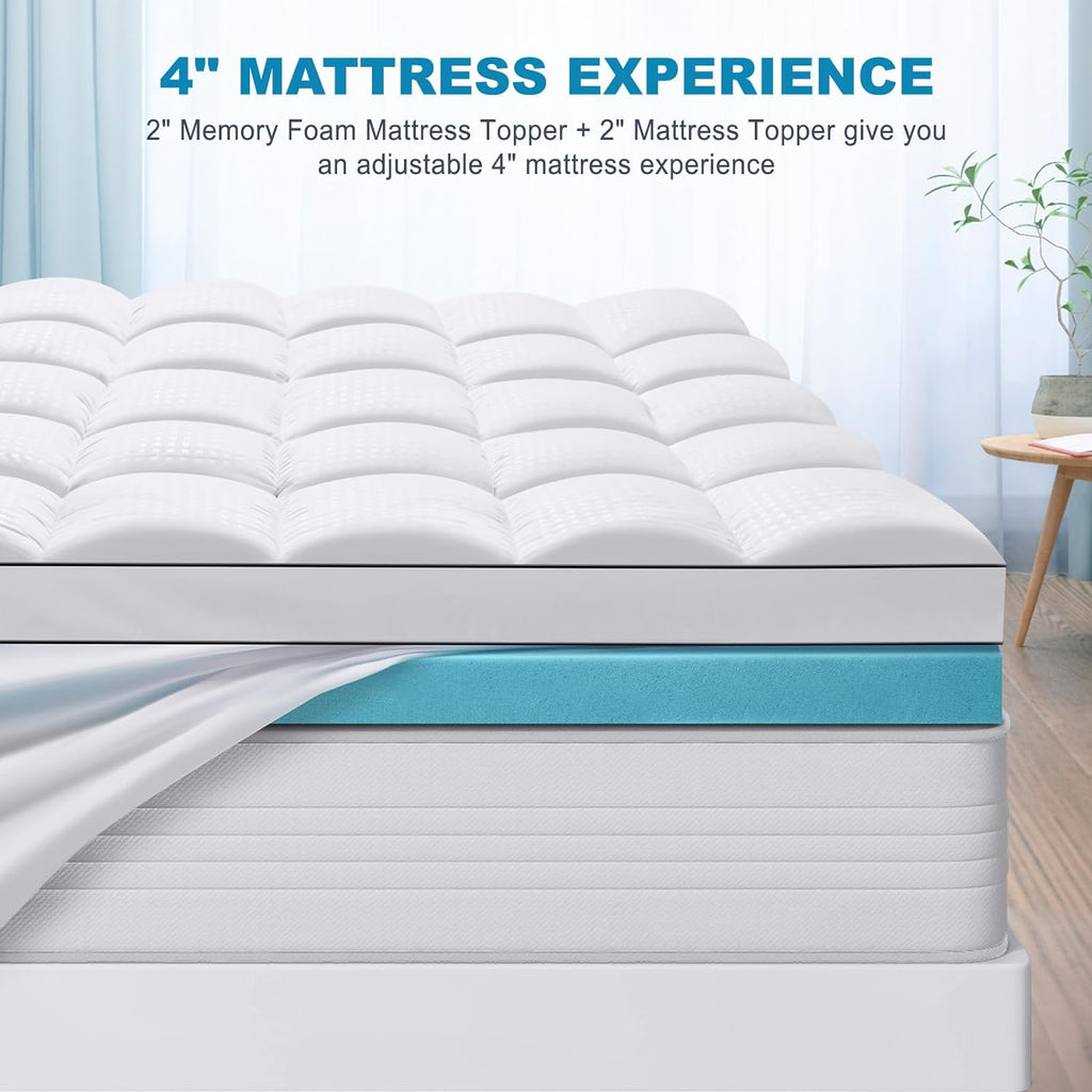 Masvis Full Size Dual Layer 4 Inch Memory Foam Mattress Topper, 2 Inch Gel Memory Foam and 2 Inch Cooling Pillow Top Mattress Pad Cover for…