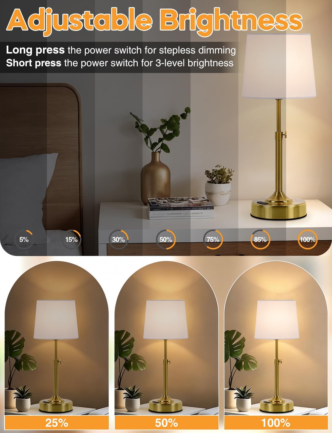 Height Adjustable Rechargeable Table Lamp with Timer, Dimmable Cordless LED Desk Lamp, 4000mAh Battery Operated Table Lamps, Gold…