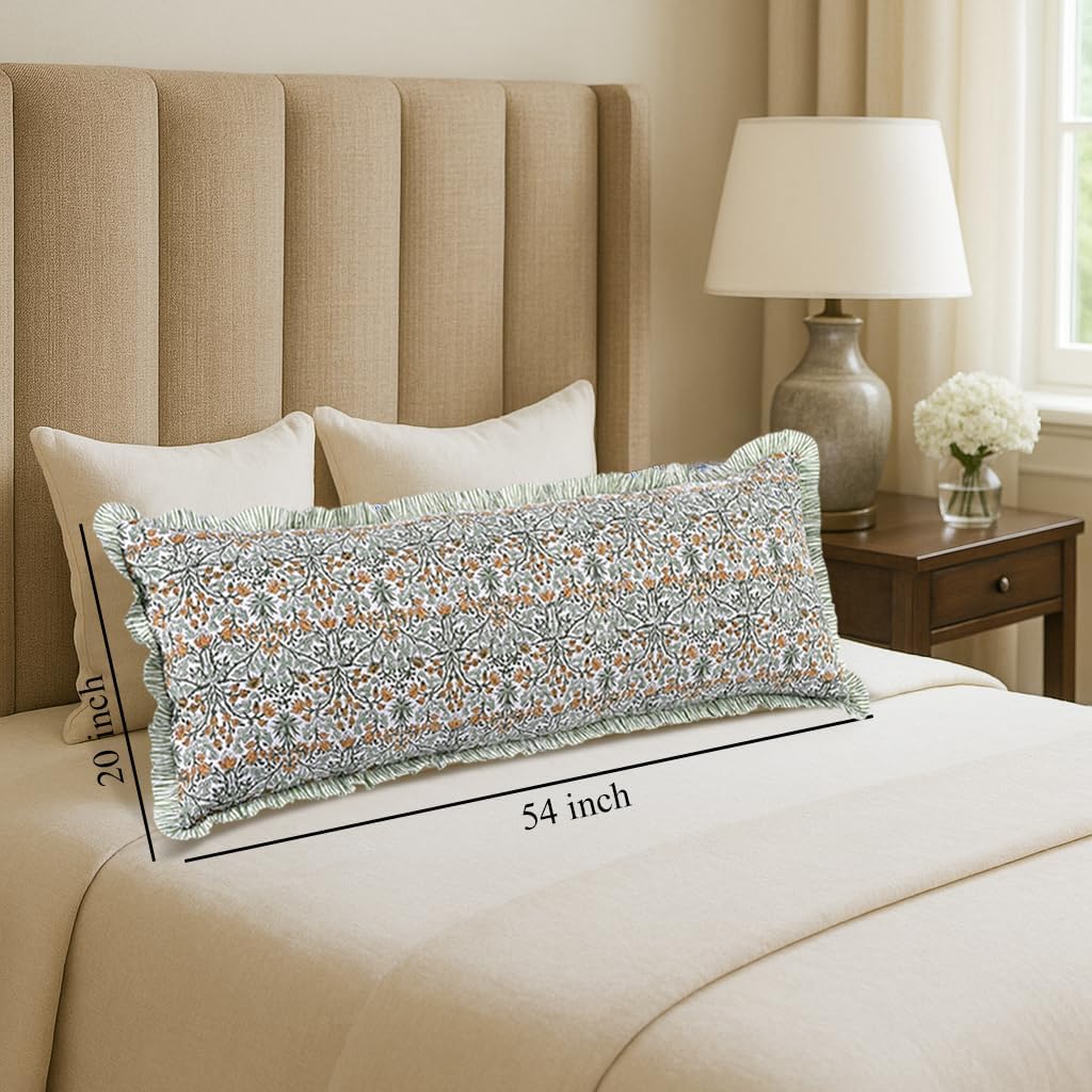 Ridhi Block Print Goldenrod Yellow 54"x20" Set 1-100% Cotton Ruffle Lumbar Sham Cover Boho Floral Pillowcase, Farmhouse Cottagecore…