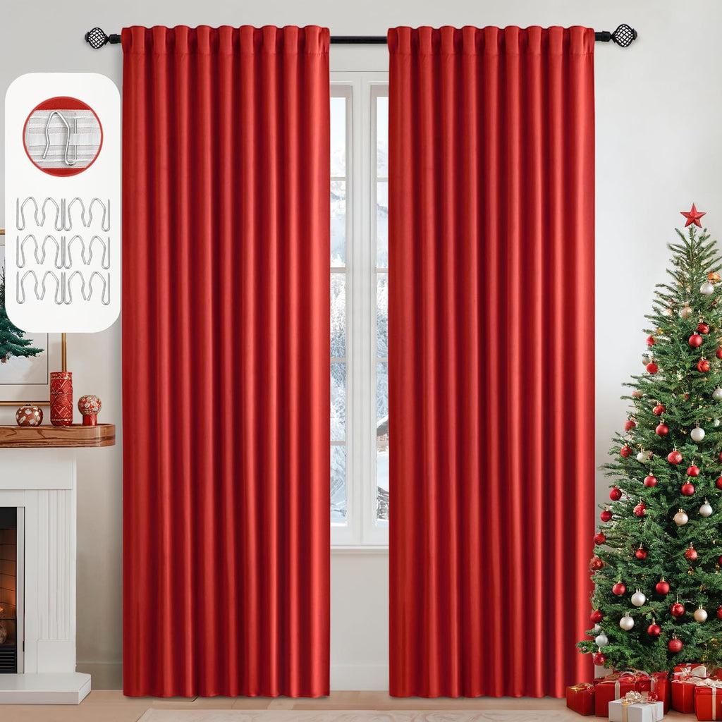 Miulee Christmas Red Back Tab Blackout Curtains 90 Inches Long 2 Panels Set for Living Room Bedroom Privacy, Rod Pocket/Pinch Pleat Thermal…
