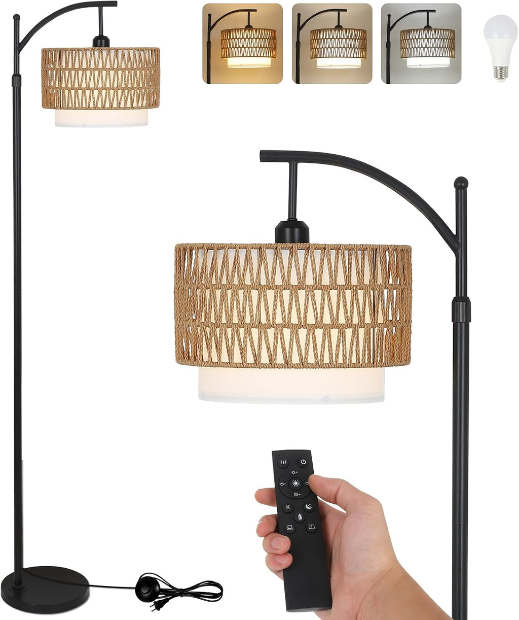 Arc Floor Lamp for Living Room with 3 Color Temperatures, Farmhouse Floor Lamps with Remote & Dimmable Bulb, Boho Standing Lamp with…