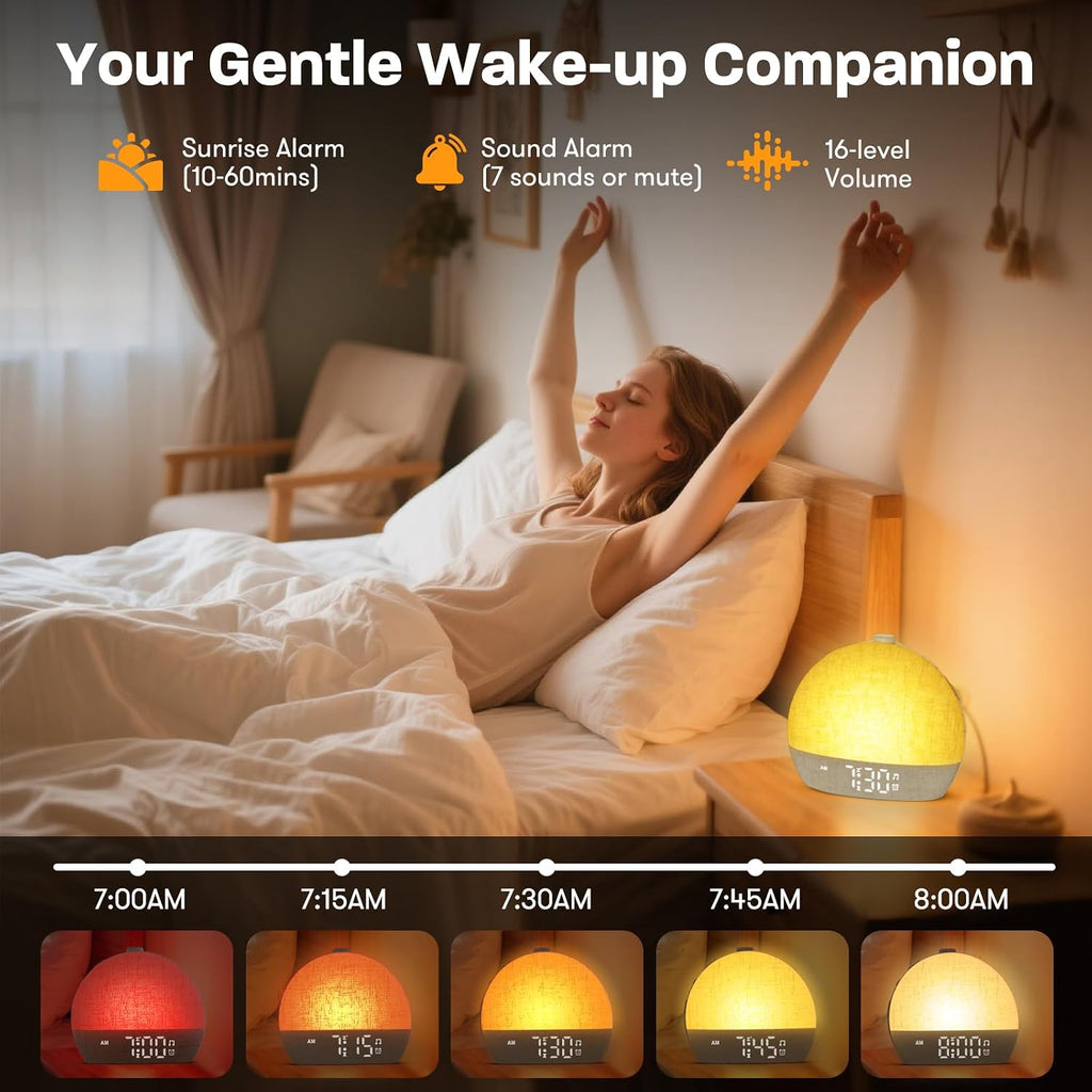 Aruqo Wake Up Light Sunrise Alarm Clock, White Noise Sound Machine with 30 Soothing Sounds, Dimmable Night Lights,, Snooze, Timer…