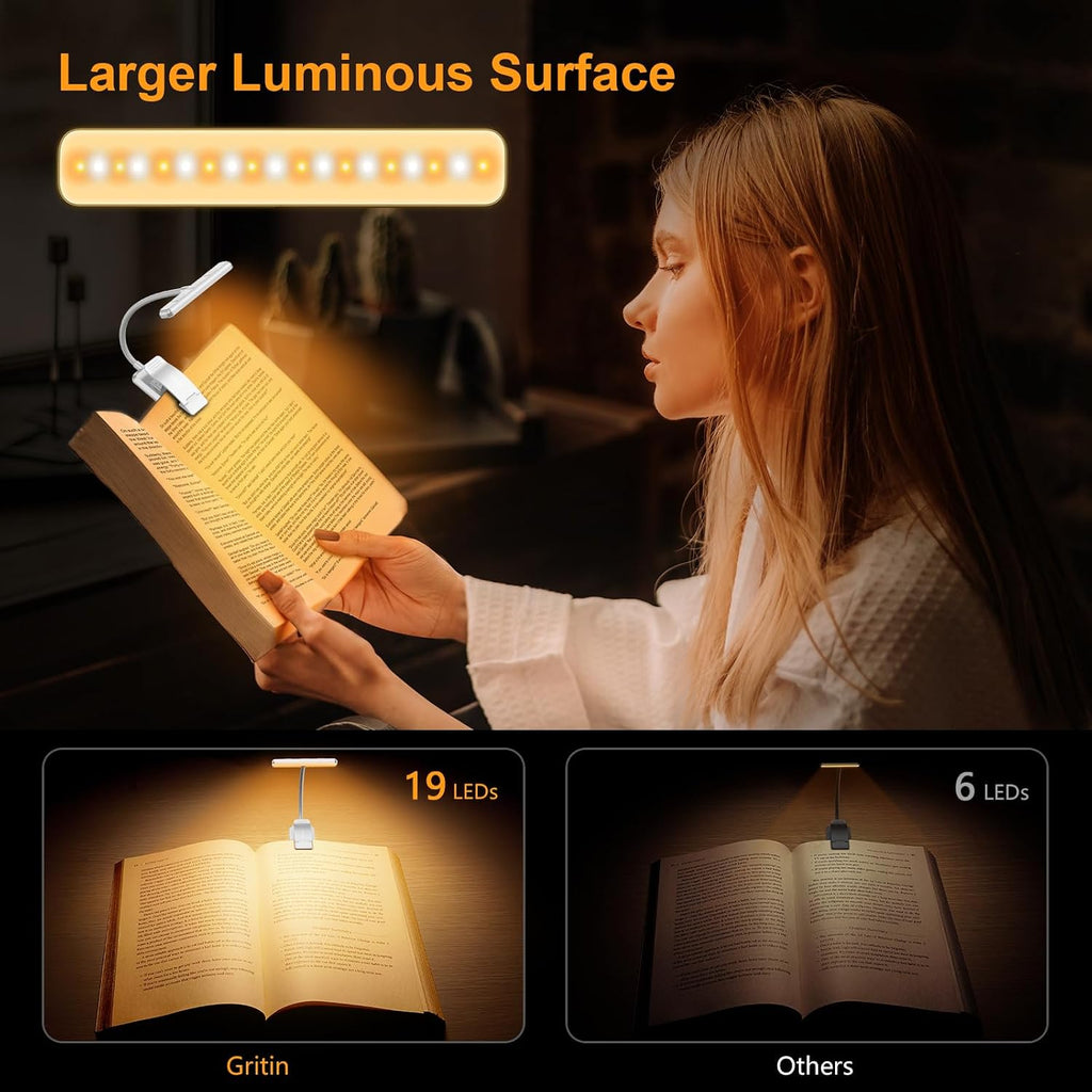Gritin 19 LED Rechargeable Book Light for Reading in Bed with Memory Function- Eye Caring 3 Color Temperatures, Stepless Dimming…