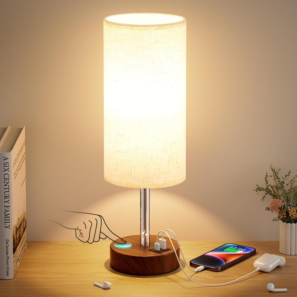 Dicoool Touch Bedside Table Lamp with USB - 3 Way Dimmable Redwood Lamps for Bedroom Nightstand, Desk Lamp with Charging Station for…