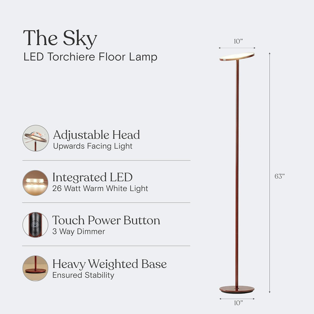 Brightech Sky LED Floor lamp, Torchiere Super Bright Floor Lamp for Living Room Decor & Office - Dimmable, Tall Standing Lamp with Warm…