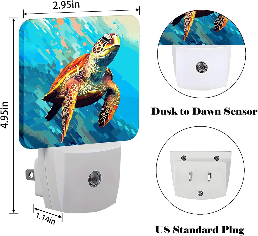 Watercolor Wild Turtle Night Light, Plug Into Wall for Boys Girls Bedroom Decorative Square Night Light Lamp 0.5w Sleep Friendly