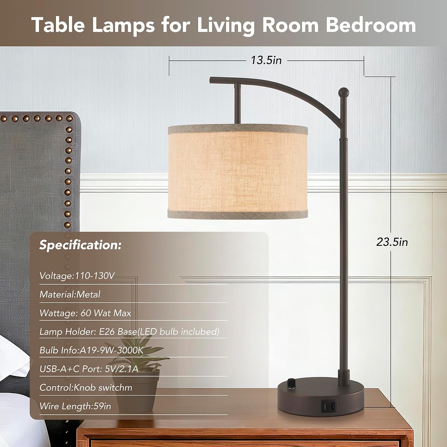 Table Lamp for Living Room Bedroom, 23.5" Table Lamps Set of 2 with USB C+A Ports, Bedside Lamps for Nightstand with Linen Lamp Shades, 2…