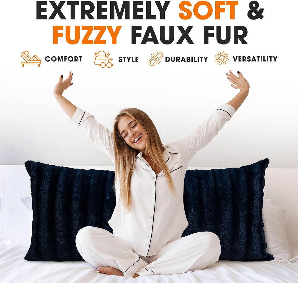 Cheer Collection Faux Fur Long Body Pillow - Accent Throw Pillow for Bed and Couch - Decorative Lumbar Pillow with Insert, Blue (18" x 40")