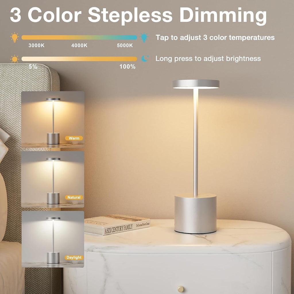 Kakanuo Silver Gray Cordless Lamp Set, Rechargeable Lamp, 3 Color Temperature, LED Outdoor Wireless Lamps, Battery Operated Lamps…