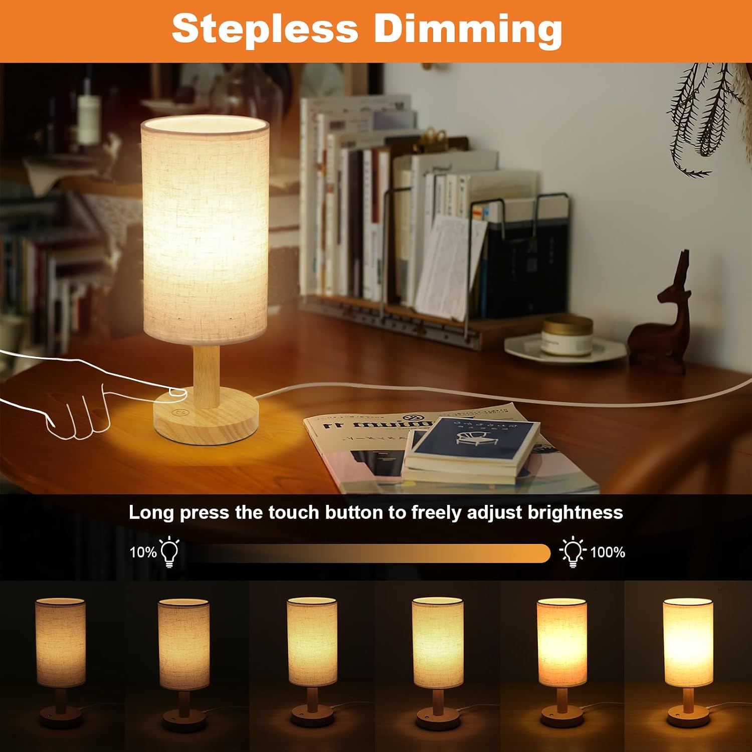 Small Touch Table Lamp with Stepless Dimming&USB Plug, Natural Round Wood Base&Linen Fabric Shade |Soft Ambient Warm Night…