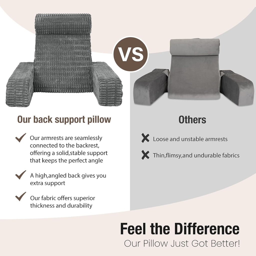 21" Reading Pillow for Bed with Built-in Arms & Large Pockets, Supportive Backrest Cushion for Reading, Resting, or Reclining, Washable…