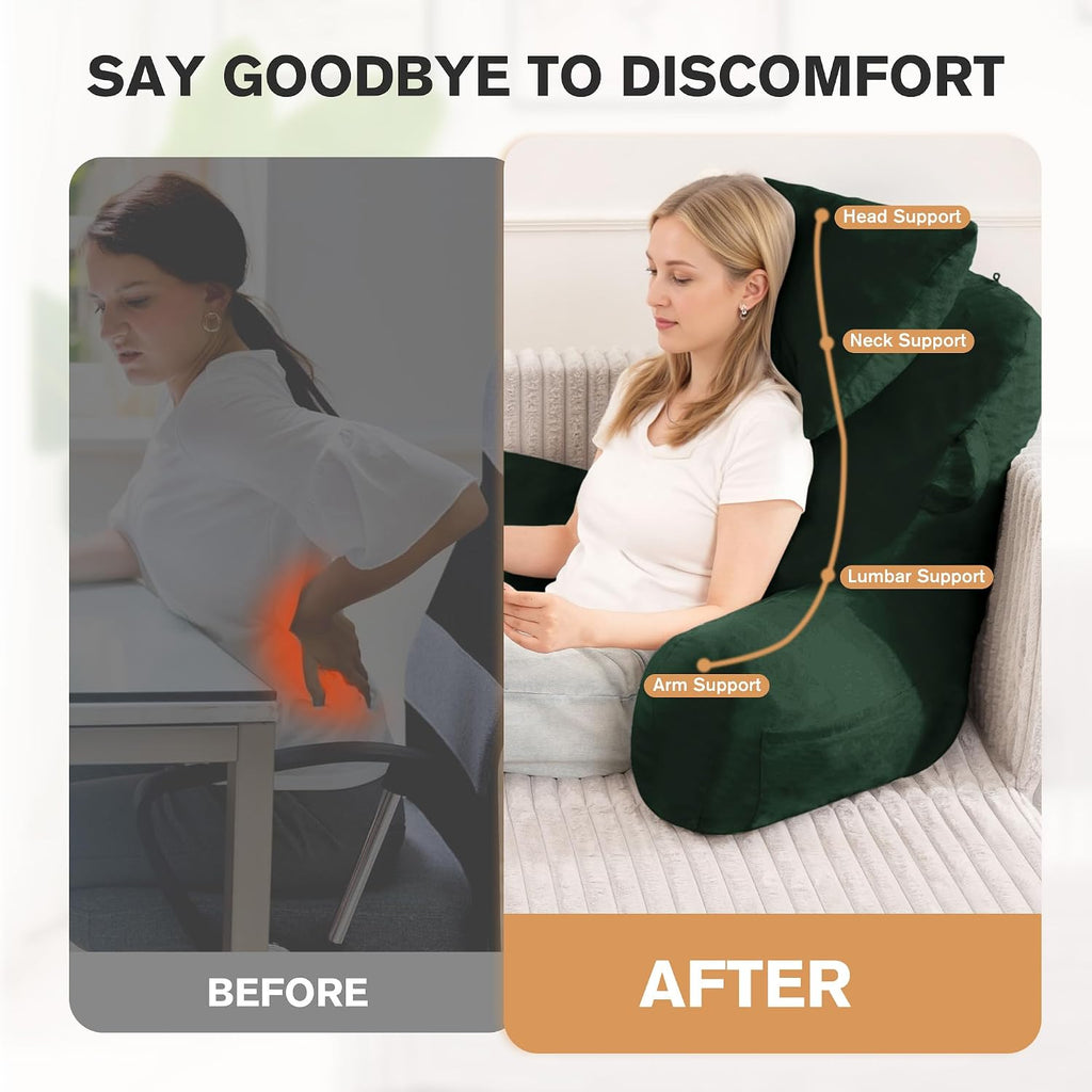 Unisakey Portable Reading Pillows with Headrest for Bed Sitting Up(Dark Green Oeko-Tex), Velvet Back Pillow with Arms & Pockets for…