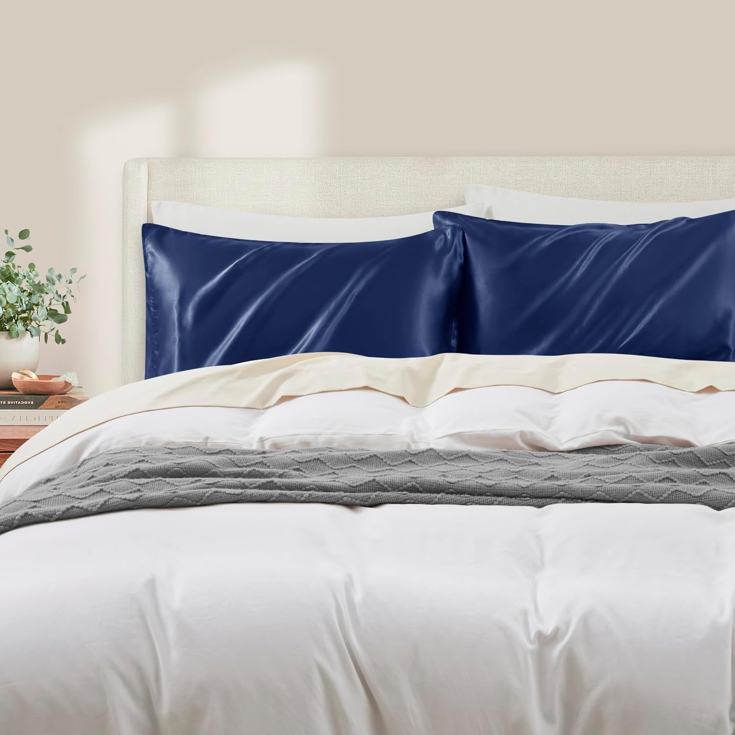 HommxJF Navy Blue King Size Satin Pillowcase Set of 2 with Envelope Closure, Navy Blue Silk Pillowcase for Hair and Skin (20x36) Blue