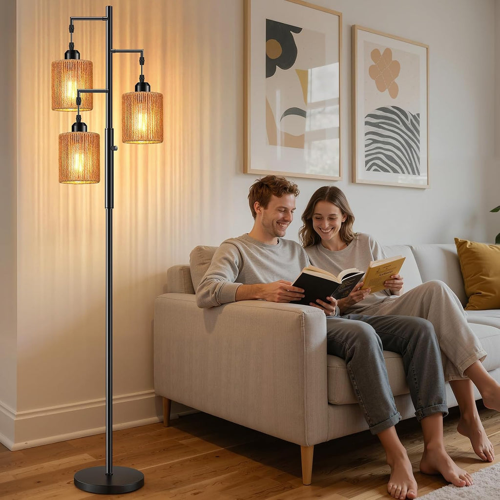 Hotsonic 72" Tall Boho Rattan Style Floor Lamp with Hand-Woven Paper Cord Shade, Dimmable Industrial Tree Standing Lamp for Living Room…