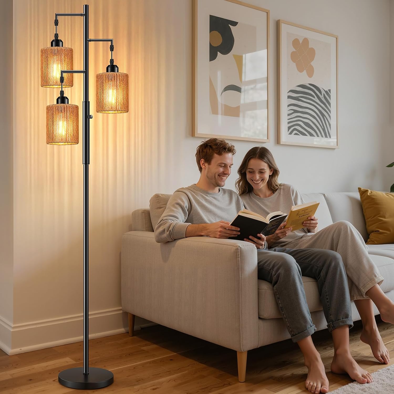 Hotsonic 72" Tall Boho Rattan Style Floor Lamp with Hand-Woven Paper Cord Shade, Dimmable Industrial Tree Standing Lamp for Living Room…