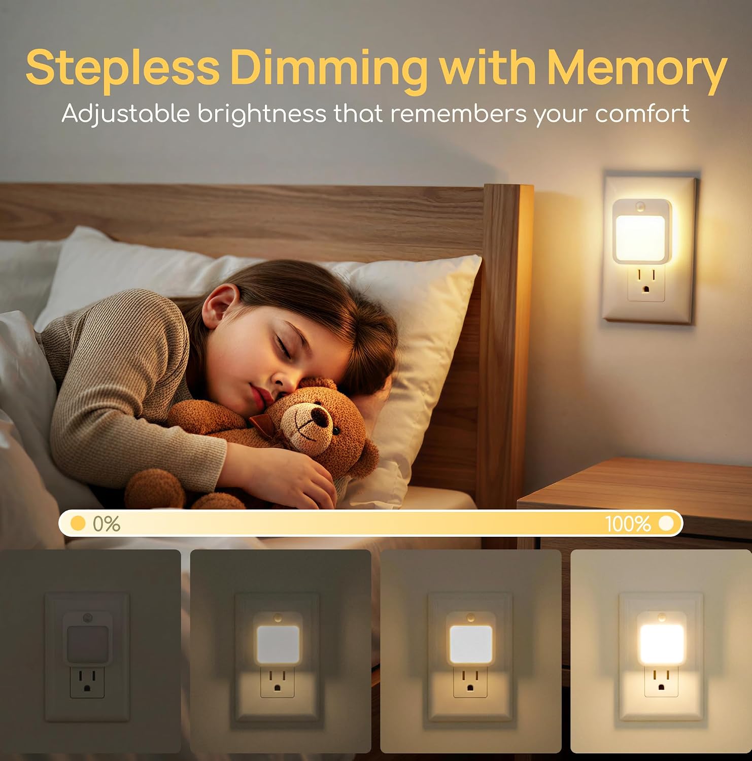 Plug-in Night Light with Motion Sensor, Dusk-to-Dawn Light Sensor, Stepless Dimming LED Night Lights for Bedroom, Hallway, Bathroom, Kids…