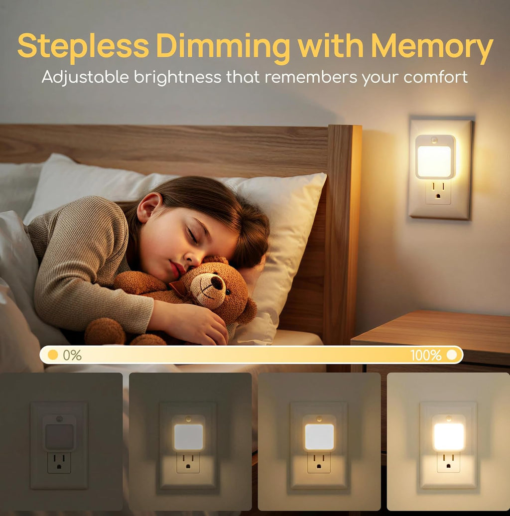 Plug-in Night Light with Motion Sensor, Dusk-to-Dawn Light Sensor, Stepless Dimming LED Night Lights for Bedroom, Hallway, Bathroom, Kids…
