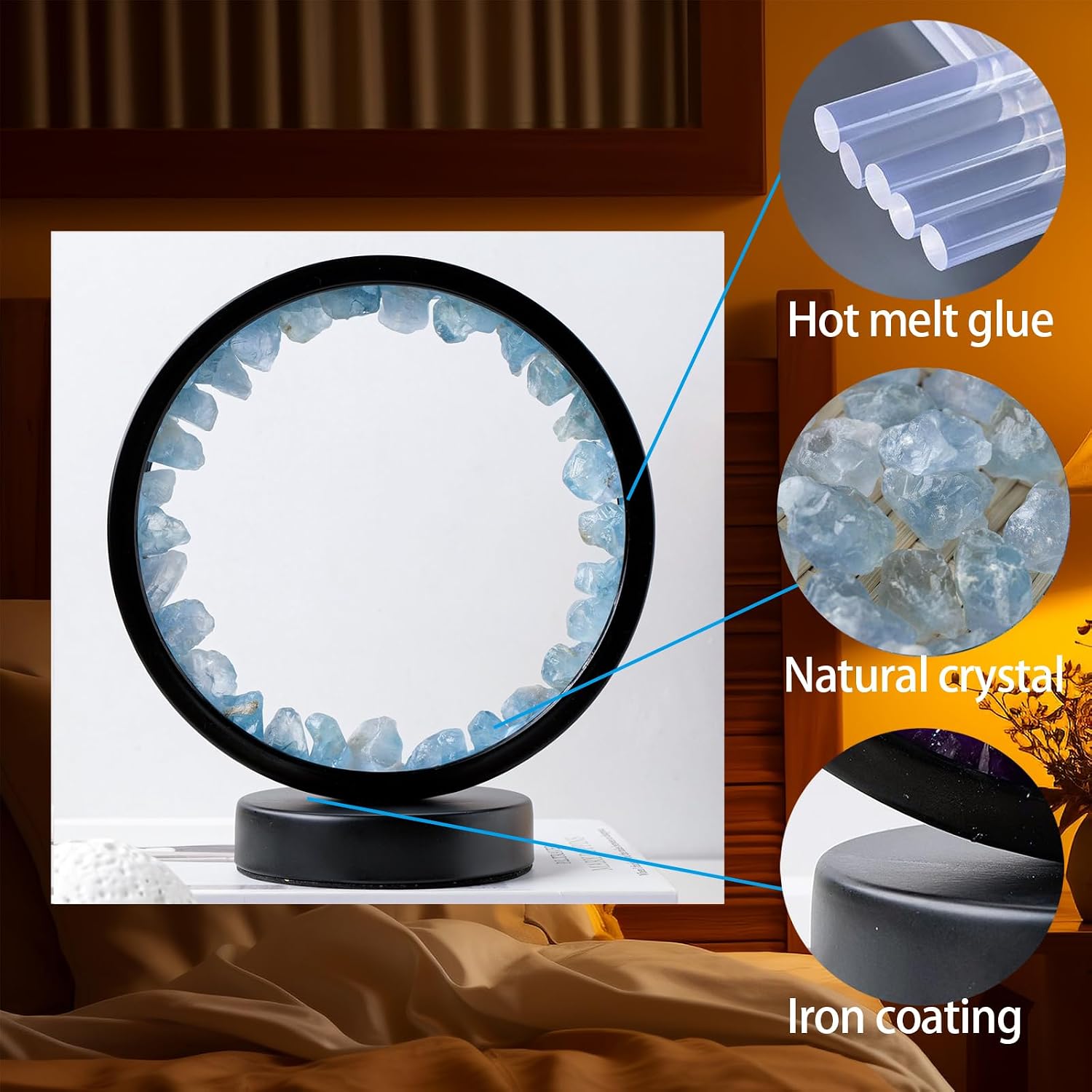 Runyangshi Celestite Night Light 8.6" Natural Healing Crystal Bedside USB Port 3 Colours Dimming Mode Bedroom Lamp Suitable Night Lamp Idea…
