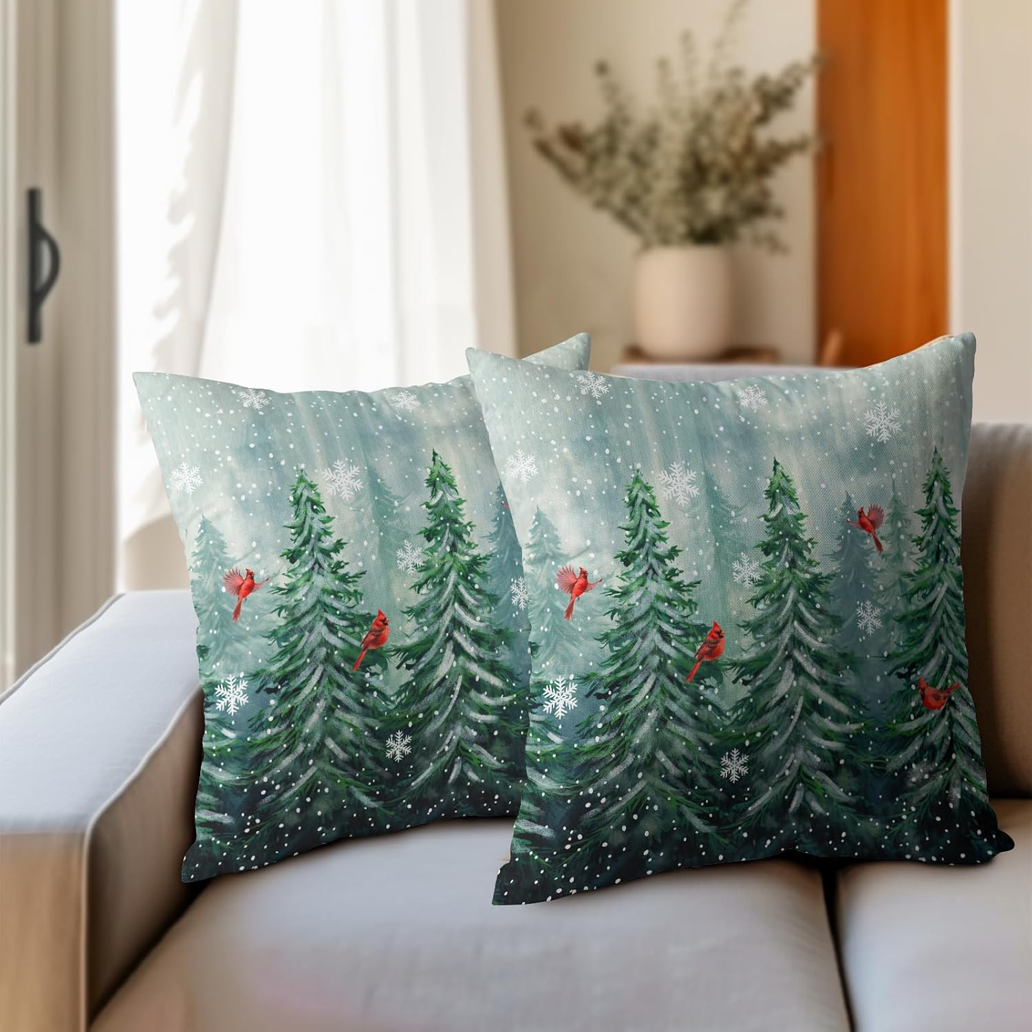 Watercolor Tree Throw Pillow Cover 24x24 inch Set of 2 Christmas Dark Green Trees Pillowcases Winter Red Bird Snowflake Decorative…