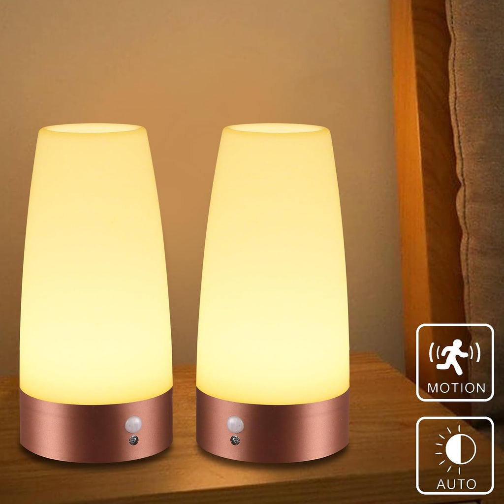 WRalwaysLX 2Pack Round Bedside Lamp PIR Motion Sensor LED Night Light,3 Modes Battery Powered Small Table Lamp, USE 3x1.5VAAA…