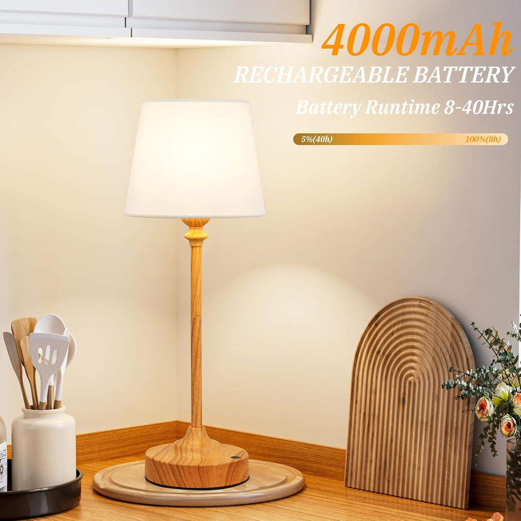 Kakanuo Cordless Table Lamps Rechargeable Set - 2 Pack Wooden 4000mAH Battery Operated Lamps for Decor, 3000K Stepless Dimming Touch…