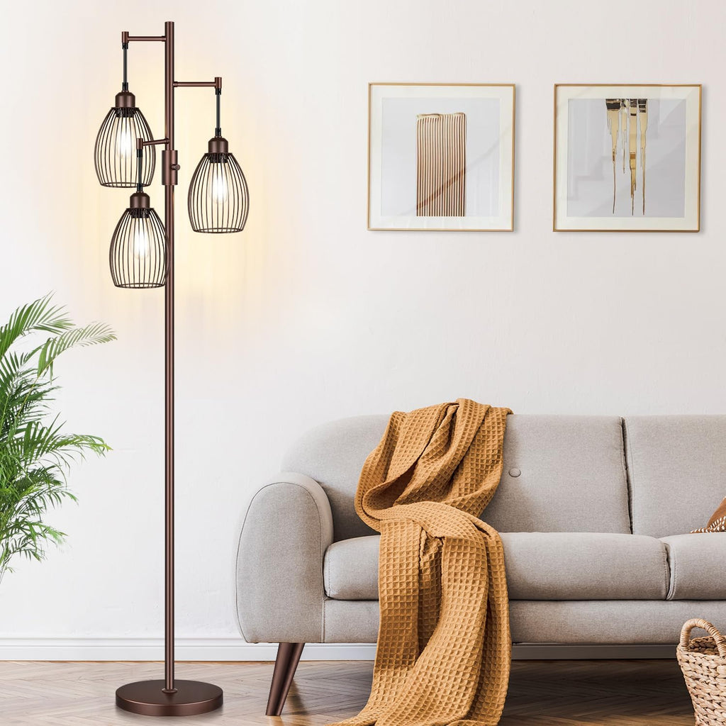 Torondo Dimmable Farmhouse Industrial Floor Lamp, Matte Brown Tree Standing Tall Lamps with 3 Elegant Teardrop Cage Head & 800 Lumens LED…
