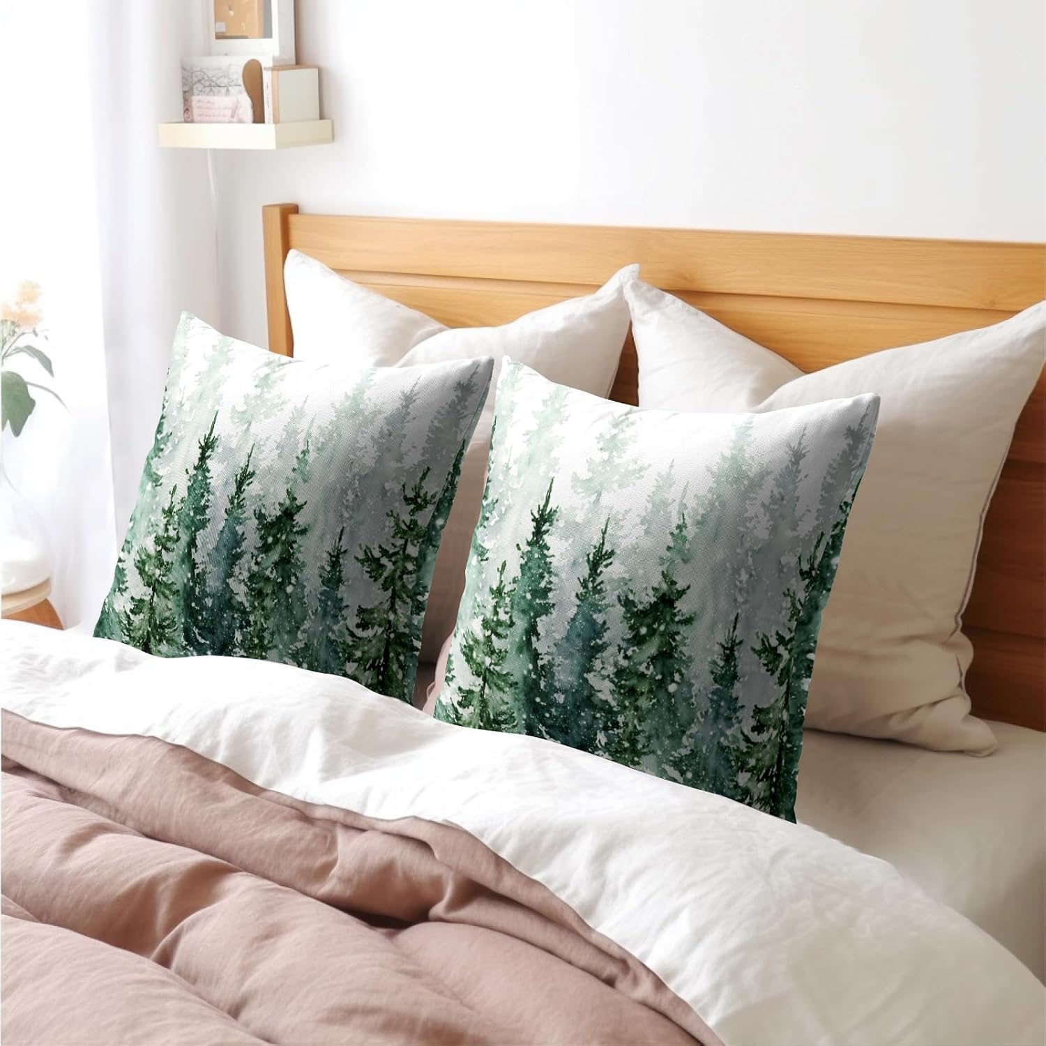 Granbey Winter Forest Pillow Covers 16x16 Inch 2Pcs Watercolor Green Misty Pine Tree Nature Landscape Throw Pillows Cover Mountain Square C…