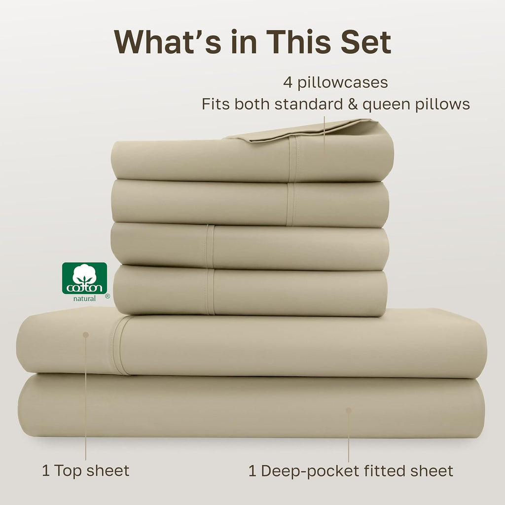 CaliforniaDesignDen California Design Den 6 Piece Queen Sheet Set with 4 Pillowcases - Soft 400 Thread Count Sateen, 100% Cotton Sheets Que…