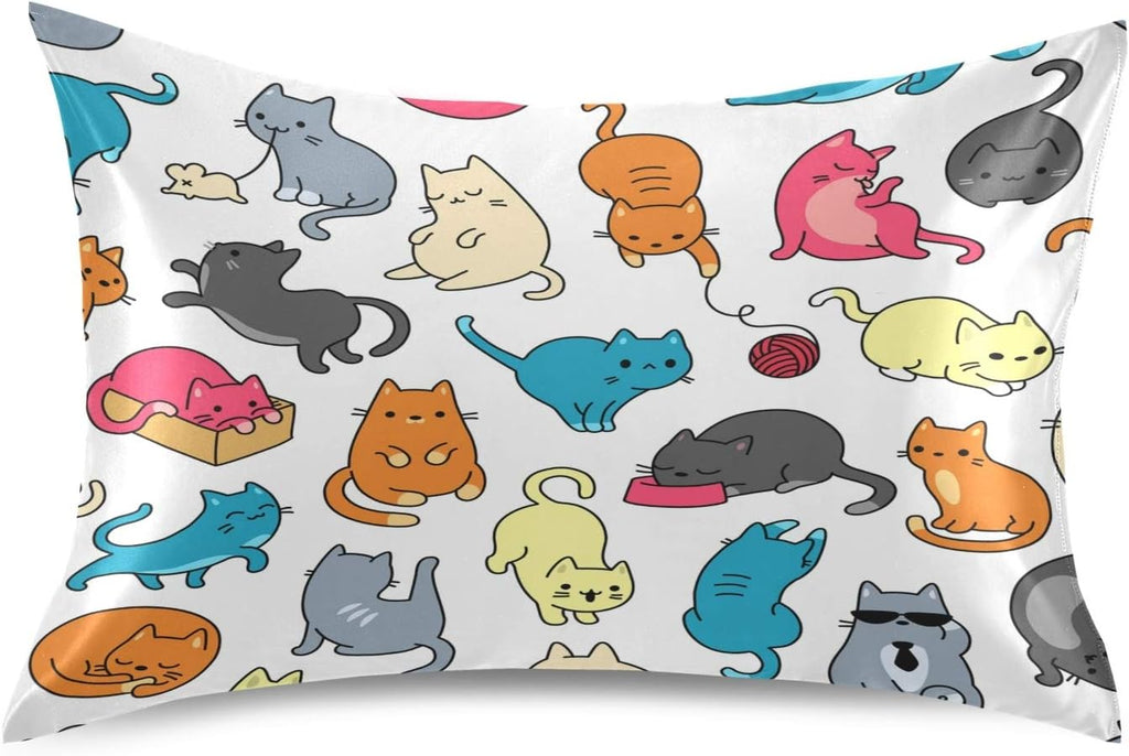 Blueangle Color Cartoon Cat Satin Pillowcase for Hair and Skin Silk Pillowcase, Standard Size(20x26 inches) - Satin Pillow Covers with…